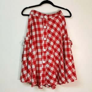 Vintage Checkered Button-Up Skirt with Elastic Waist at Back and Wide Pockets